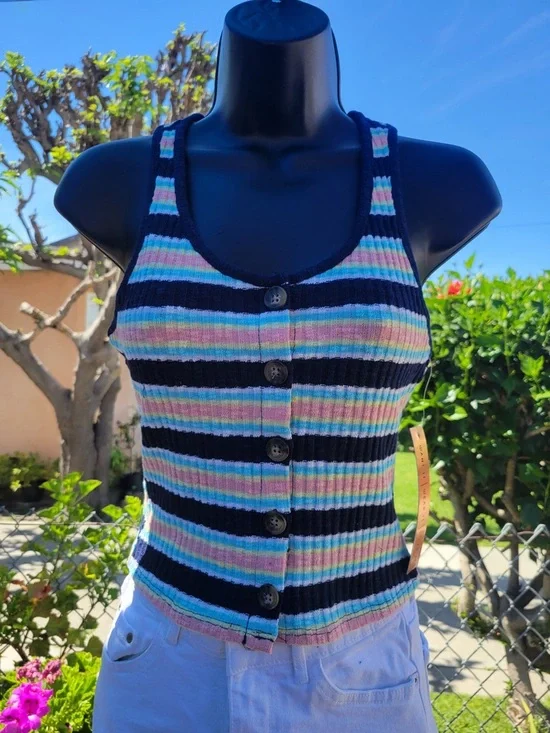 Almost Famous Striped Knit Tank Top in Black and Pastel Multicolor - Picture 1 of 4